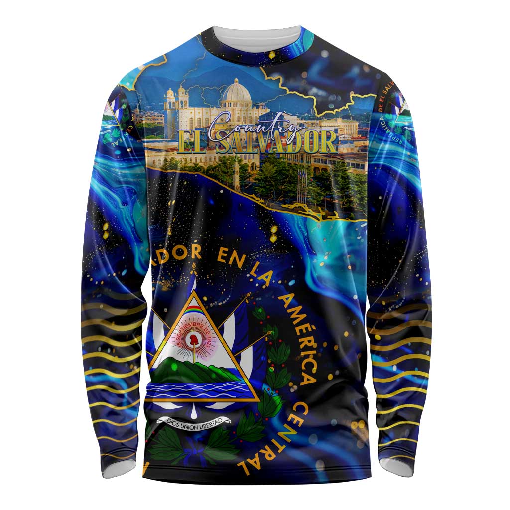 El Salvador Country Pride Long Sleeve Shirt Map Flag and National Emblem Art in Cosmic Blue - Wonder Print Shop