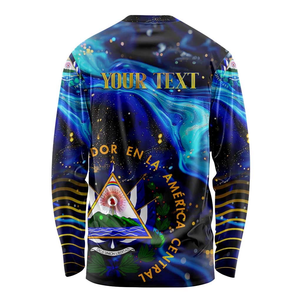 El Salvador Country Pride Long Sleeve Shirt Map Flag and National Emblem Art in Cosmic Blue - Wonder Print Shop