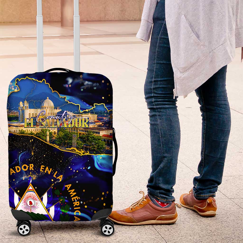 El Salvador Country Pride Luggage Cover Map Flag and National Emblem Art in Cosmic Blue - Wonder Print Shop