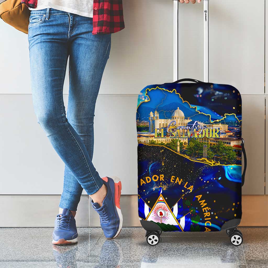 El Salvador Country Pride Luggage Cover Map Flag and National Emblem Art in Cosmic Blue - Wonder Print Shop