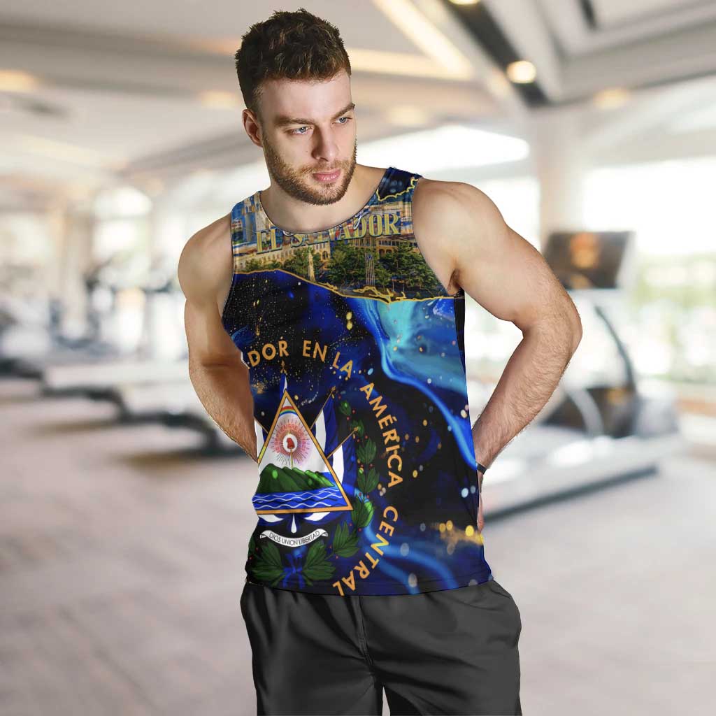 El Salvador Country Pride Men Tank Top Map Flag and National Emblem Art in Cosmic Blue - Wonder Print Shop