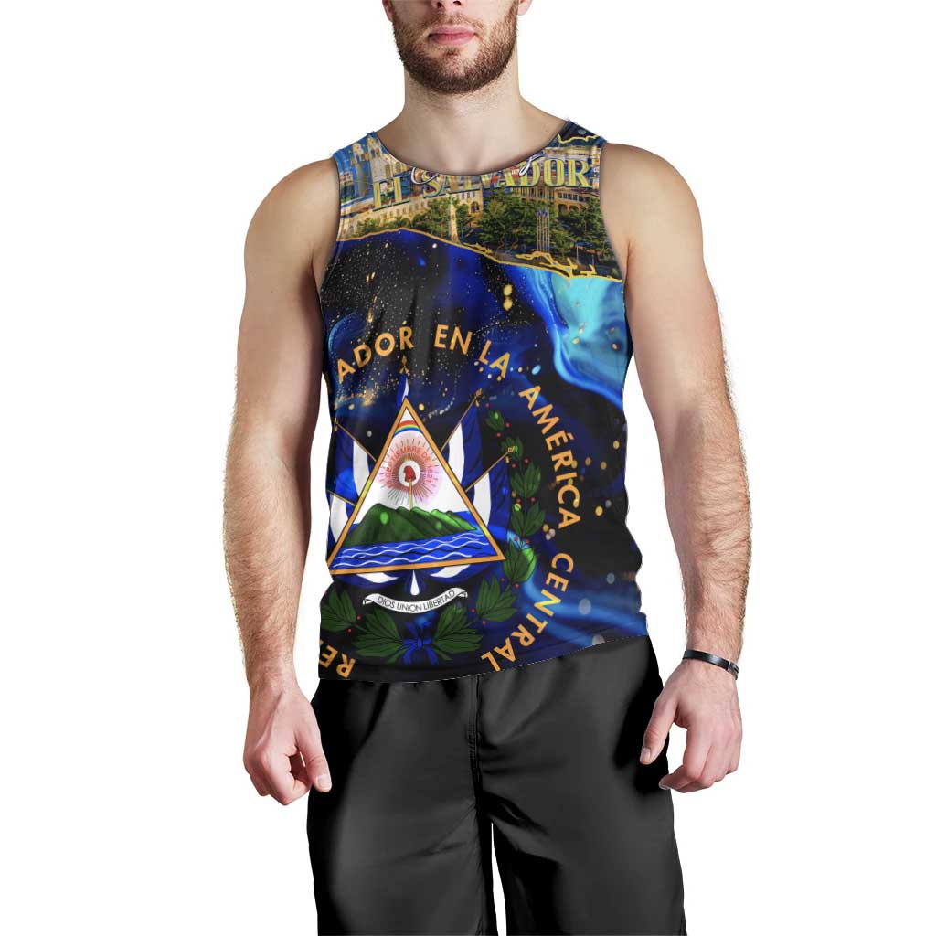 El Salvador Country Pride Men Tank Top Map Flag and National Emblem Art in Cosmic Blue - Wonder Print Shop
