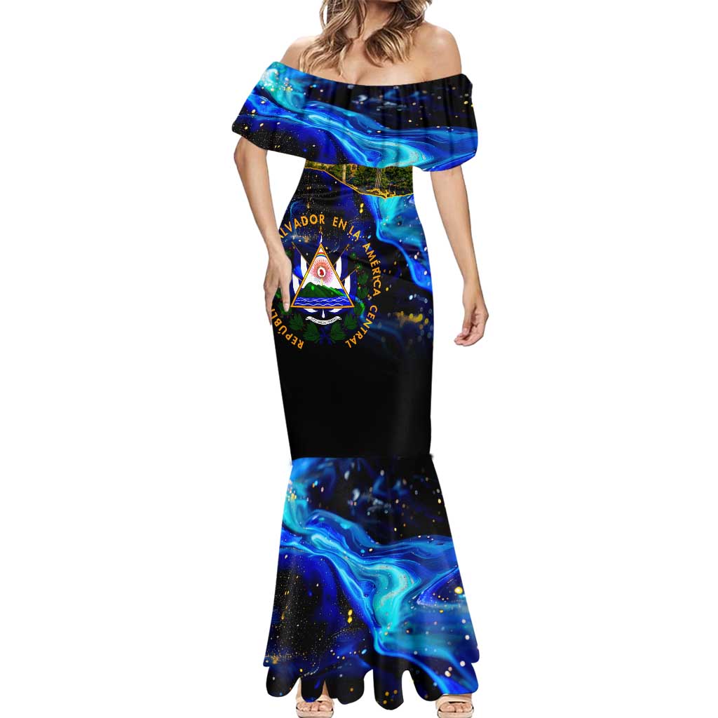 El Salvador Country Pride Mermaid Dress Map Flag and National Emblem Art in Cosmic Blue - Wonder Print Shop