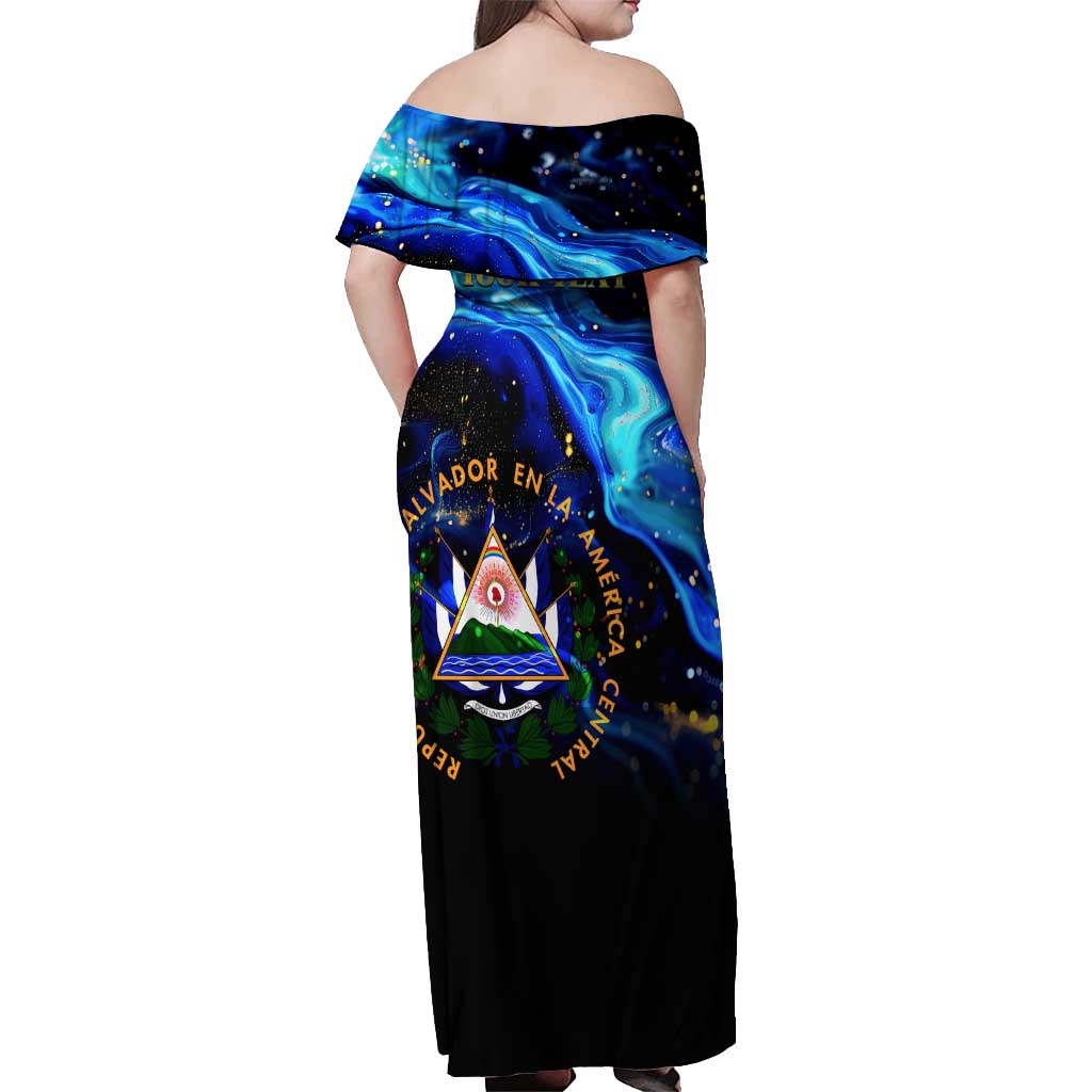 El Salvador Country Pride Off Shoulder Maxi Dress Map Flag and National Emblem Art in Cosmic Blue - Wonder Print Shop