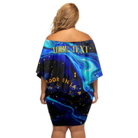 El Salvador Country Pride Off Shoulder Short Dress Map Flag and National Emblem Art in Cosmic Blue - Wonder Print Shop