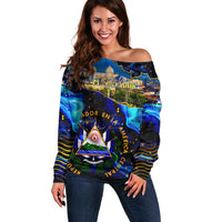 El Salvador Country Pride Off Shoulder Sweater Map Flag and National Emblem Art in Cosmic Blue - Wonder Print Shop