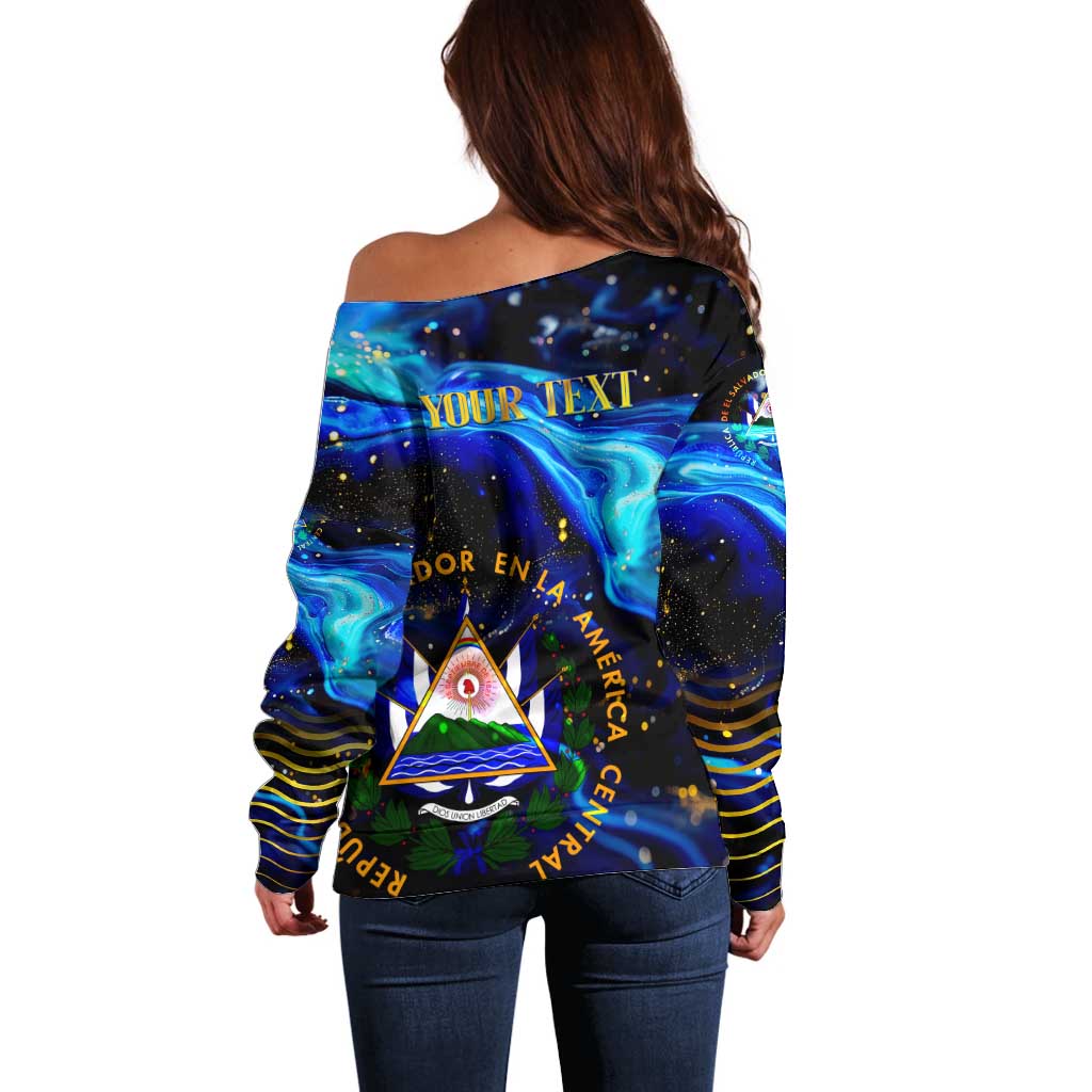 El Salvador Country Pride Off Shoulder Sweater Map Flag and National Emblem Art in Cosmic Blue - Wonder Print Shop