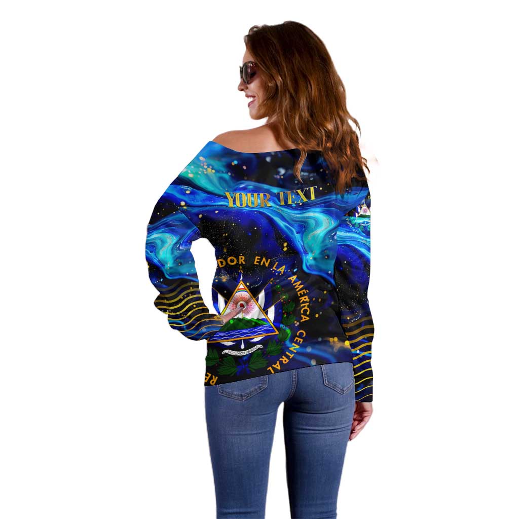 El Salvador Country Pride Off Shoulder Sweater Map Flag and National Emblem Art in Cosmic Blue - Wonder Print Shop