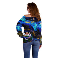 El Salvador Country Pride Off Shoulder Sweater Map Flag and National Emblem Art in Cosmic Blue - Wonder Print Shop