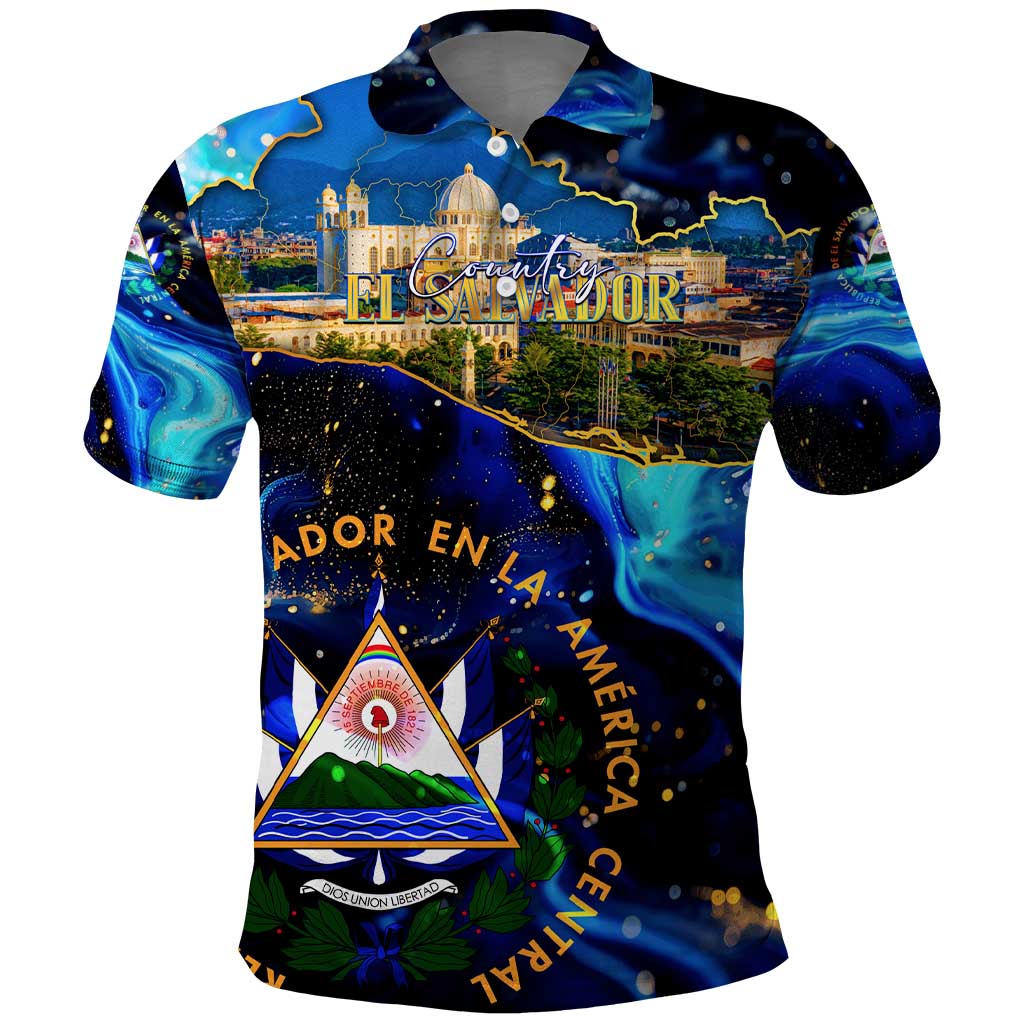 El Salvador Country Pride Polo Shirt Map Flag and National Emblem Art in Cosmic Blue - Wonder Print Shop