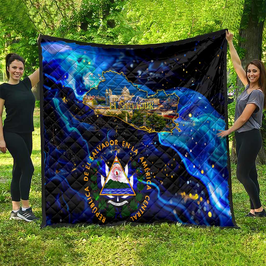 El Salvador Country Pride Quilt Map Flag and National Emblem Art in Cosmic Blue - Wonder Print Shop
