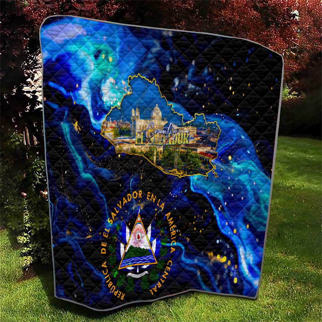 El Salvador Country Pride Quilt Map Flag and National Emblem Art in Cosmic Blue - Wonder Print Shop