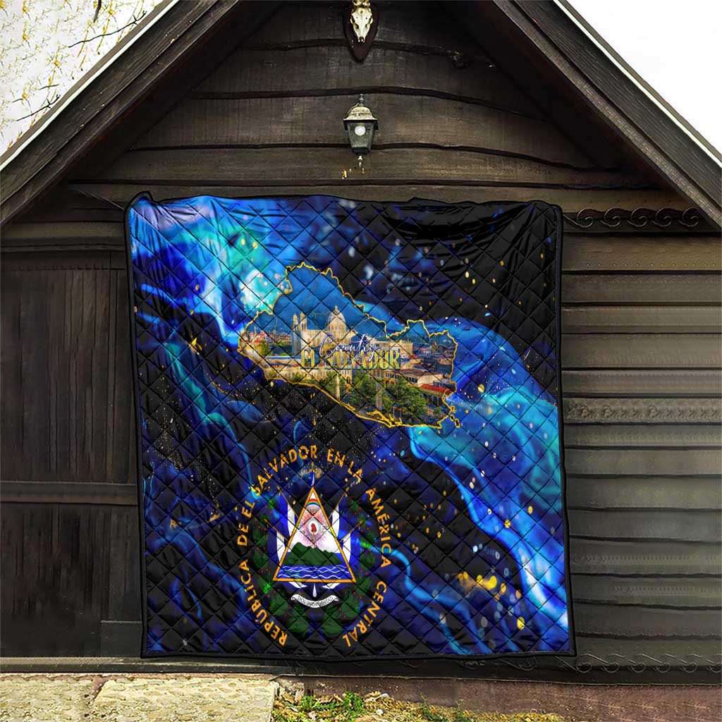 El Salvador Country Pride Quilt Map Flag and National Emblem Art in Cosmic Blue - Wonder Print Shop