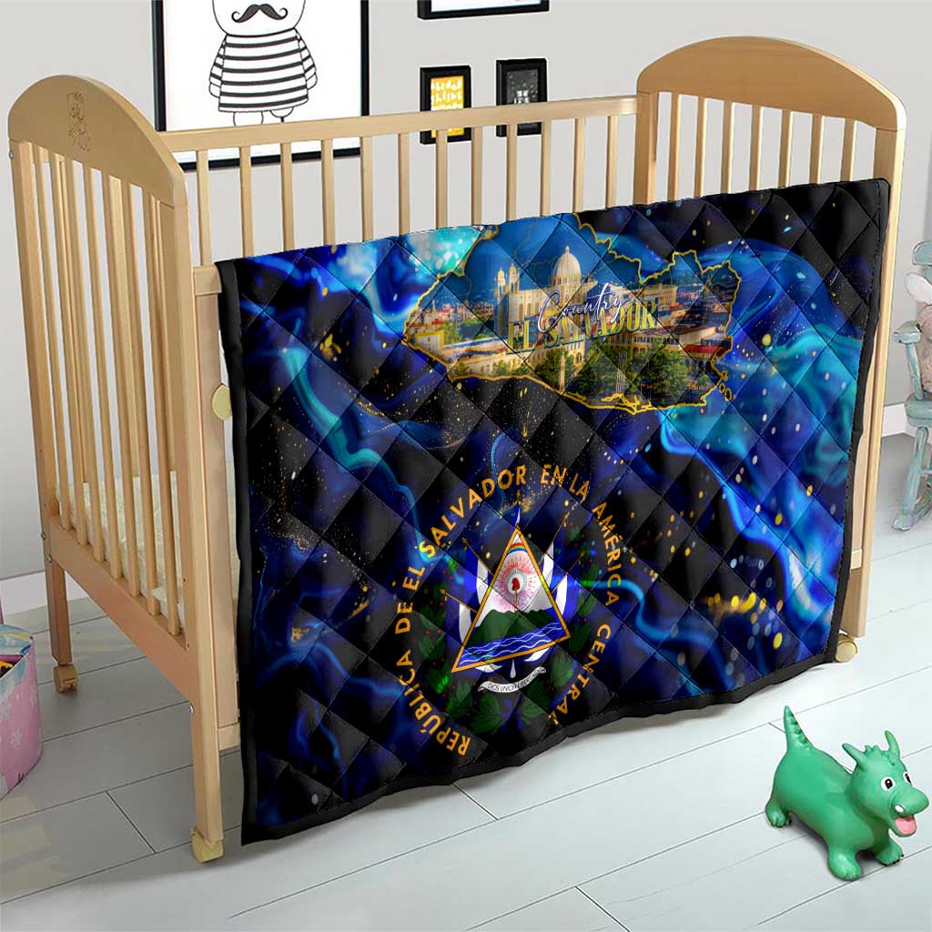 El Salvador Country Pride Quilt Map Flag and National Emblem Art in Cosmic Blue - Wonder Print Shop