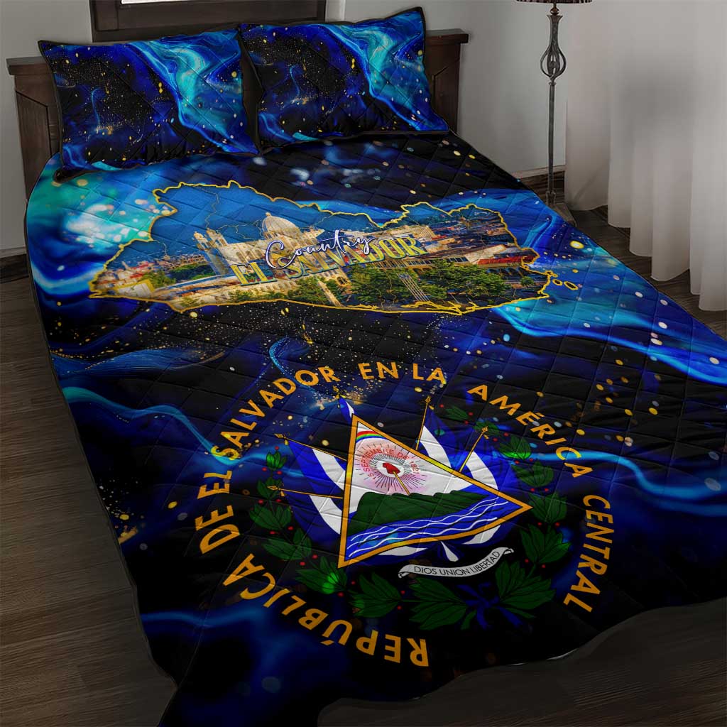 El Salvador Country Pride Quilt Bed Set Map Flag and National Emblem Art in Cosmic Blue - Wonder Print Shop