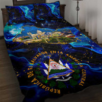 El Salvador Country Pride Quilt Bed Set Map Flag and National Emblem Art in Cosmic Blue - Wonder Print Shop