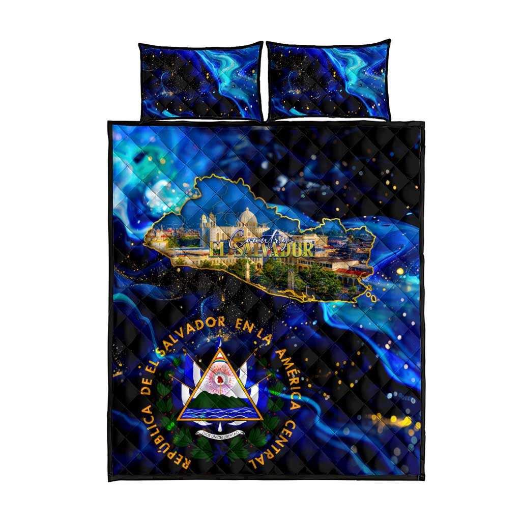 El Salvador Country Pride Quilt Bed Set Map Flag and National Emblem Art in Cosmic Blue - Wonder Print Shop