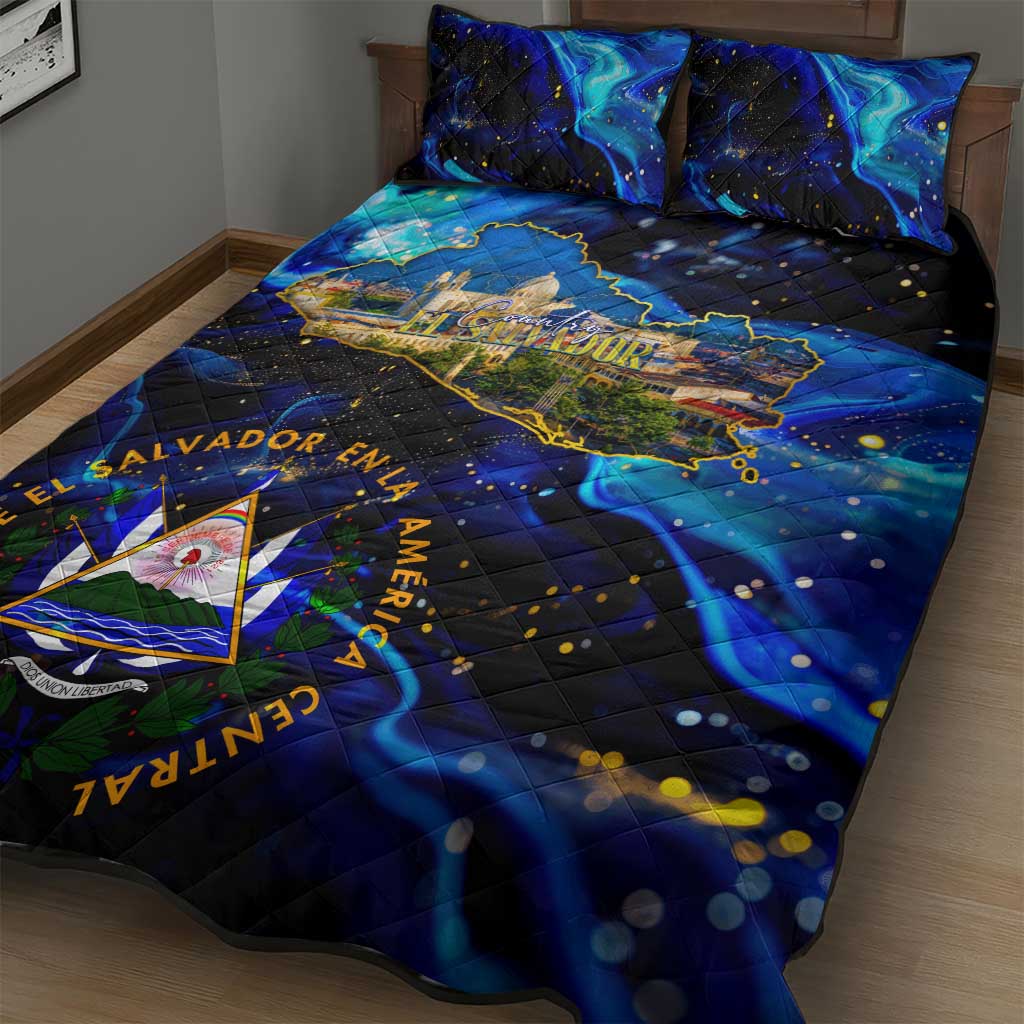 El Salvador Country Pride Quilt Bed Set Map Flag and National Emblem Art in Cosmic Blue - Wonder Print Shop