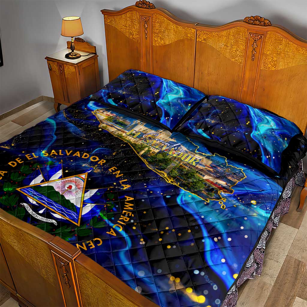 El Salvador Country Pride Quilt Bed Set Map Flag and National Emblem Art in Cosmic Blue - Wonder Print Shop