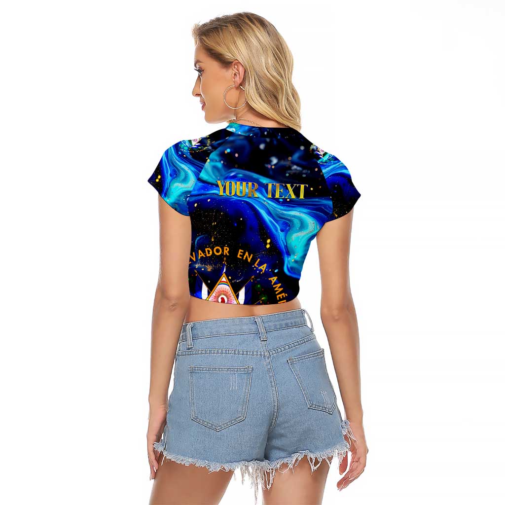 El Salvador Country Pride Raglan Cropped T Shirt Map Flag and National Emblem Art in Cosmic Blue - Wonder Print Shop