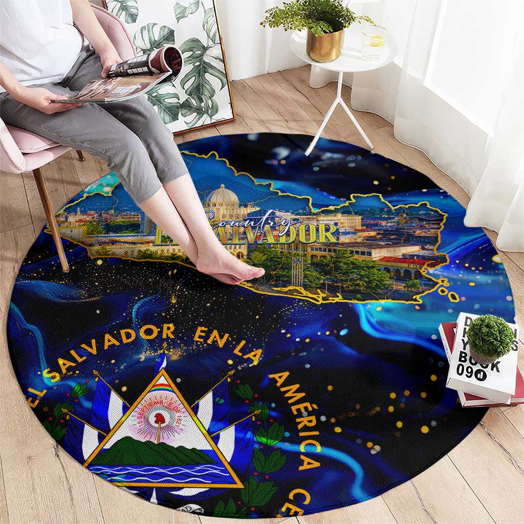 El Salvador Country Pride Round Carpet Map Flag and National Emblem Art in Cosmic Blue - Wonder Print Shop