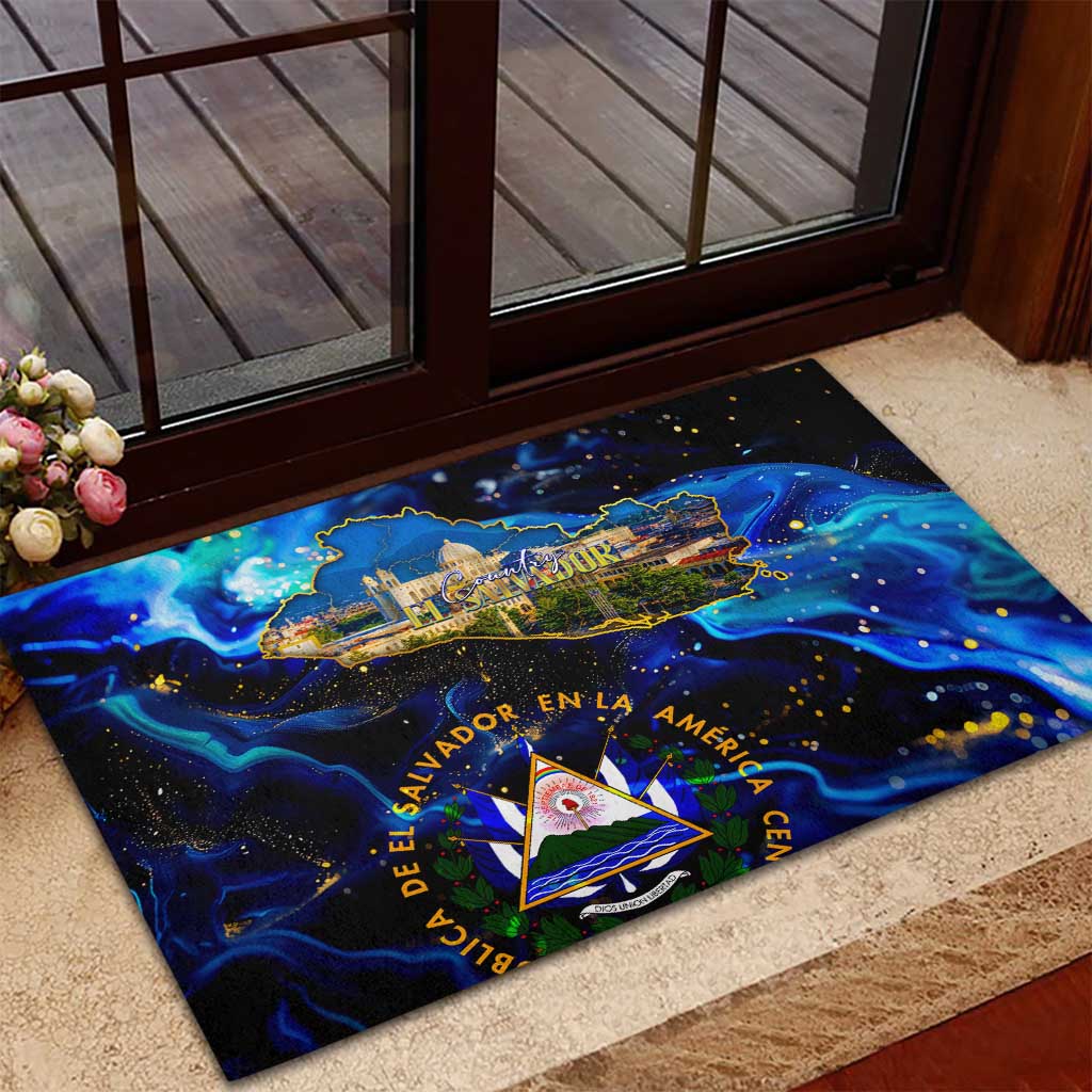 El Salvador Country Pride Rubber Doormat Map Flag and National Emblem Art in Cosmic Blue - Wonder Print Shop