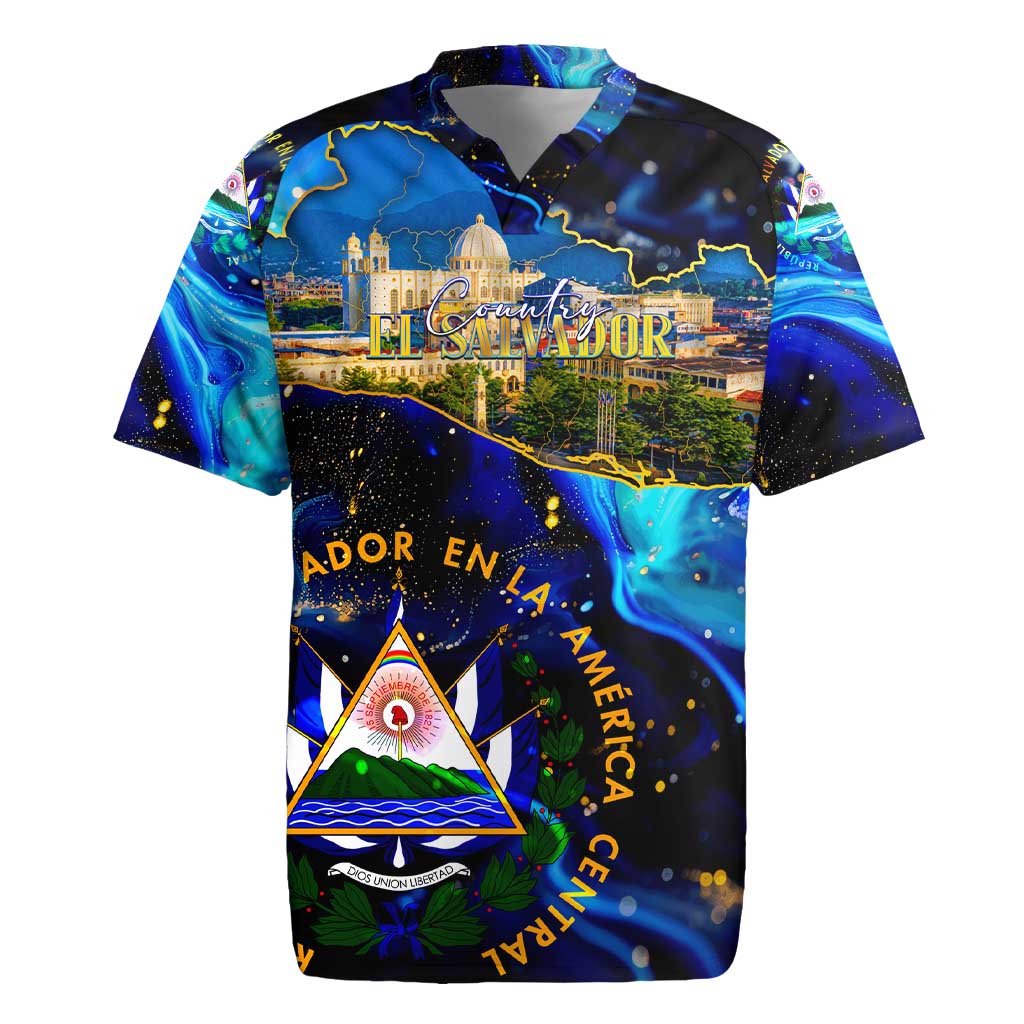 El Salvador Country Pride Rugby Jersey Map Flag and National Emblem Art in Cosmic Blue - Wonder Print Shop