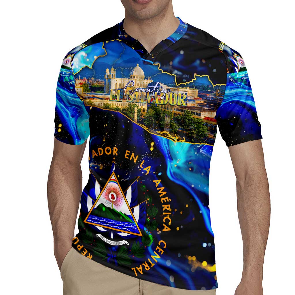 El Salvador Country Pride Rugby Jersey Map Flag and National Emblem Art in Cosmic Blue - Wonder Print Shop