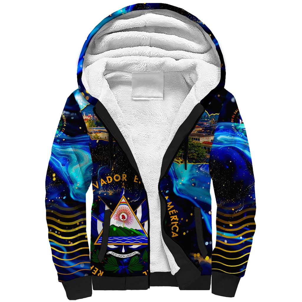 El Salvador Country Pride Sherpa Hoodie Map Flag and National Emblem Art in Cosmic Blue - Wonder Print Shop