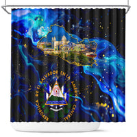 El Salvador Country Pride Shower Curtain Map Flag and National Emblem Art in Cosmic Blue - Wonder Print Shop