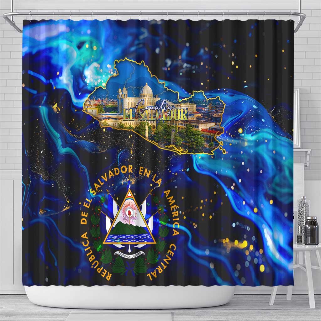 El Salvador Country Pride Shower Curtain Map Flag and National Emblem Art in Cosmic Blue - Wonder Print Shop