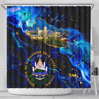 El Salvador Country Pride Shower Curtain Map Flag and National Emblem Art in Cosmic Blue - Wonder Print Shop