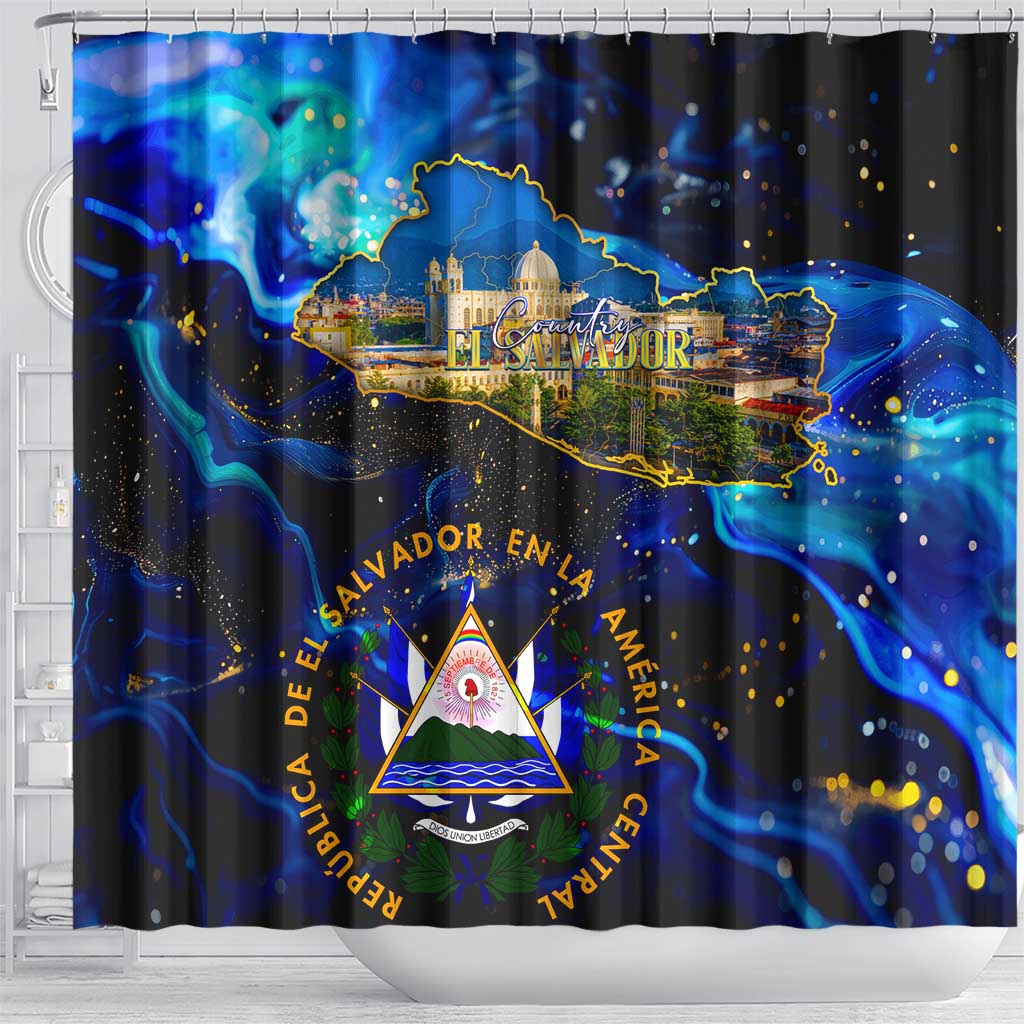El Salvador Country Pride Shower Curtain Map Flag and National Emblem Art in Cosmic Blue - Wonder Print Shop