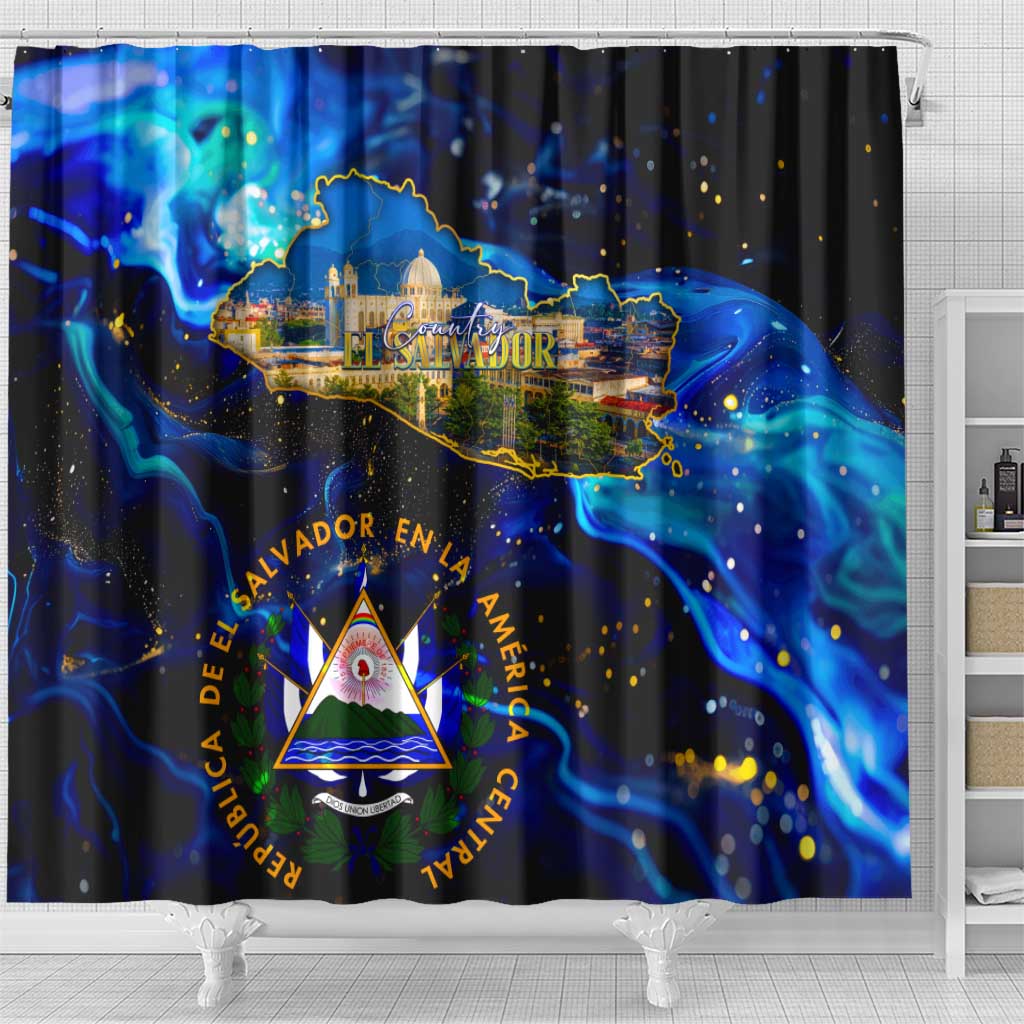 El Salvador Country Pride Shower Curtain Map Flag and National Emblem Art in Cosmic Blue - Wonder Print Shop