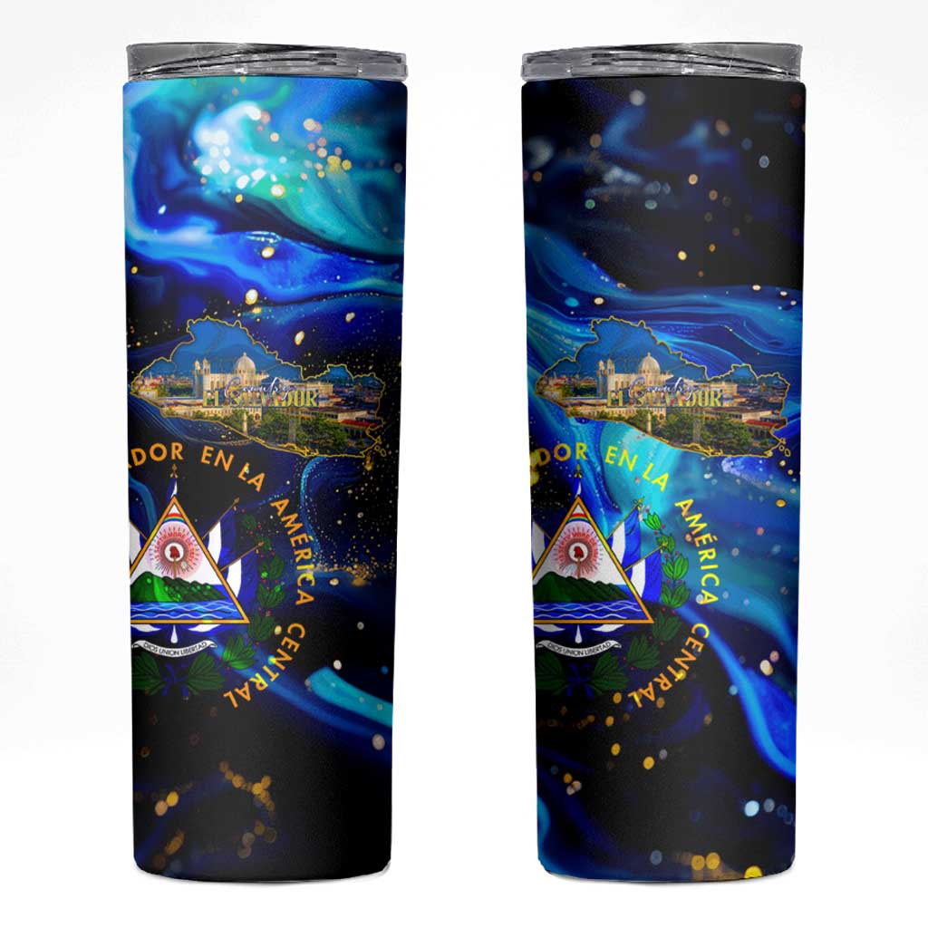 El Salvador Country Pride Skinny Tumbler Map Flag and National Emblem Art in Cosmic Blue - Wonder Print Shop