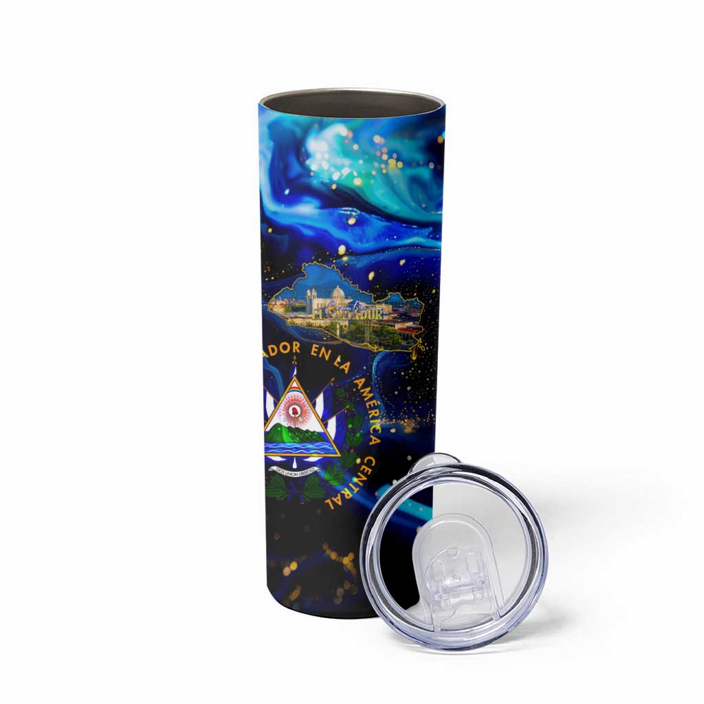 El Salvador Country Pride Skinny Tumbler Map Flag and National Emblem Art in Cosmic Blue - Wonder Print Shop