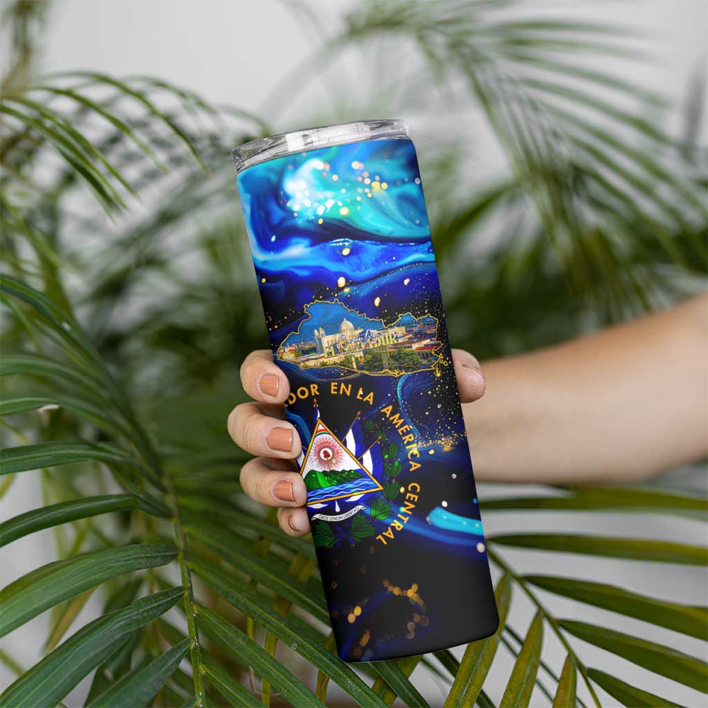 El Salvador Country Pride Skinny Tumbler Map Flag and National Emblem Art in Cosmic Blue - Wonder Print Shop