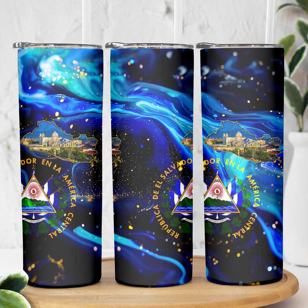 El Salvador Country Pride Skinny Tumbler Map Flag and National Emblem Art in Cosmic Blue - Wonder Print Shop