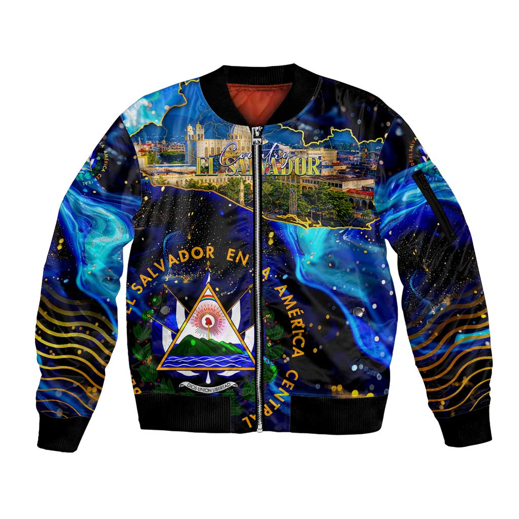 El Salvador Country Pride Sleeve Zip Bomber Jacket Map Flag and National Emblem Art in Cosmic Blue - Wonder Print Shop