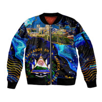 El Salvador Country Pride Sleeve Zip Bomber Jacket Map Flag and National Emblem Art in Cosmic Blue - Wonder Print Shop