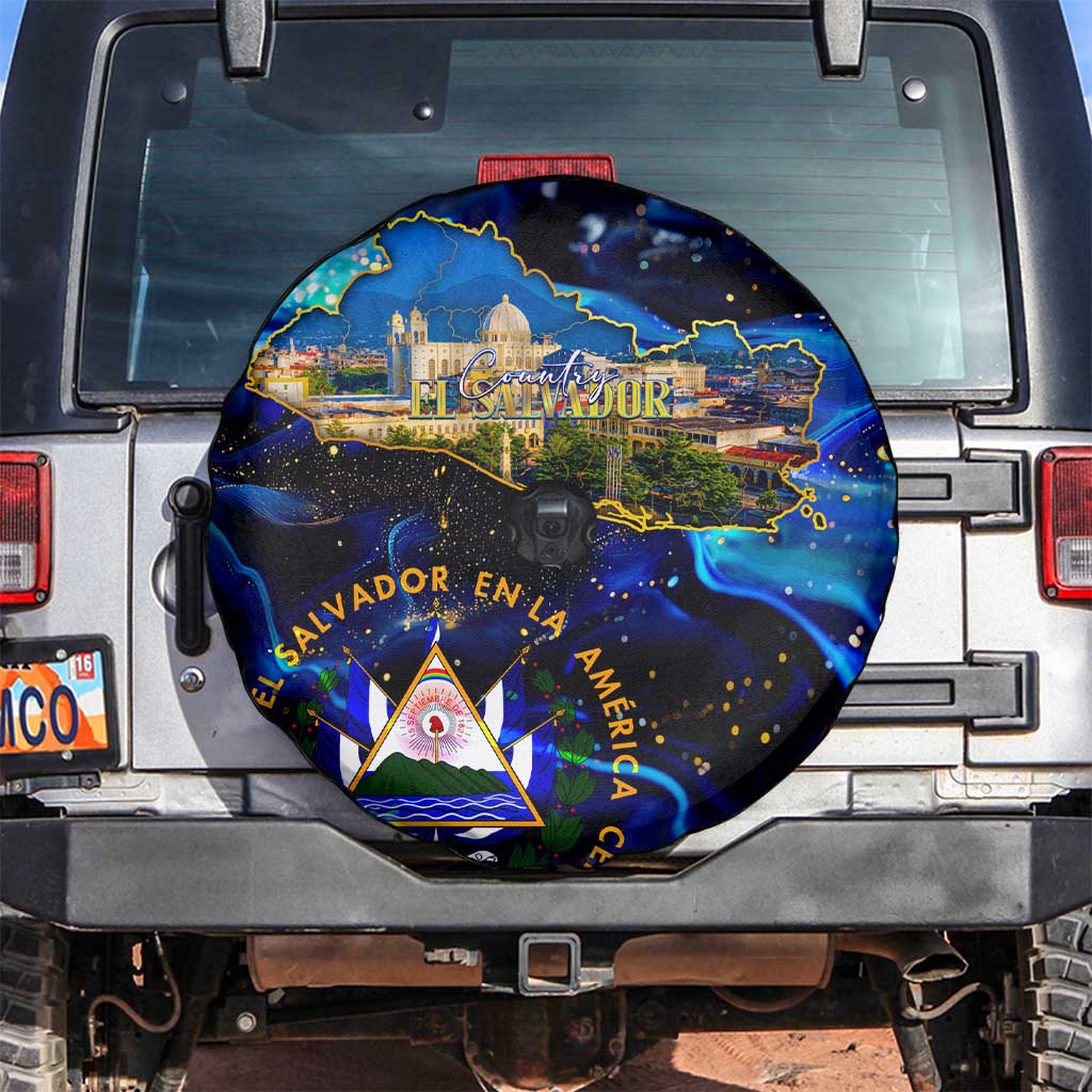 El Salvador Country Pride Spare Tire Cover Map Flag and National Emblem Art in Cosmic Blue - Wonder Print Shop