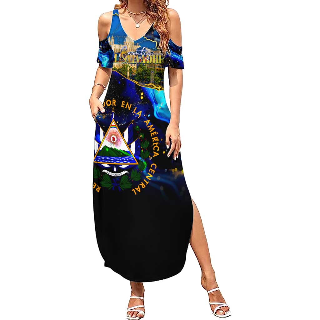 El Salvador Country Pride Summer Maxi Dress Map Flag and National Emblem Art in Cosmic Blue - Wonder Print Shop