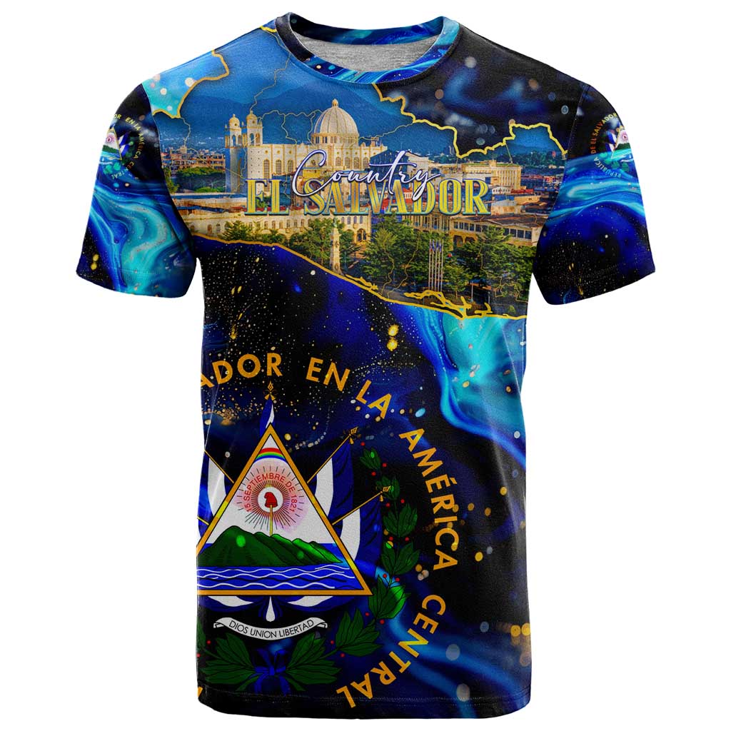 El Salvador Country Pride T Shirt Map Flag and National Emblem Art in Cosmic Blue - Wonder Print Shop