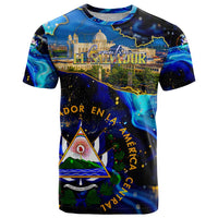 El Salvador Country Pride T Shirt Map Flag and National Emblem Art in Cosmic Blue - Wonder Print Shop