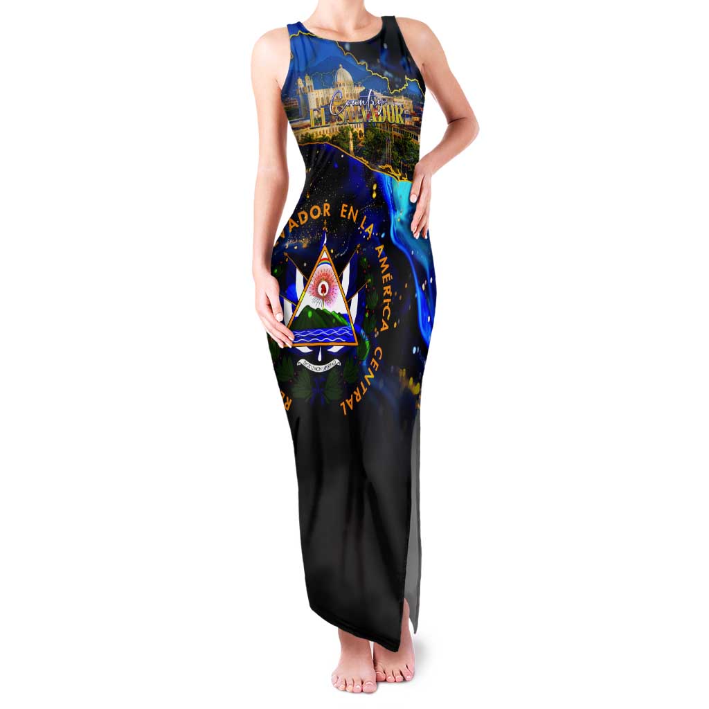 El Salvador Country Pride Tank Maxi Dress Map Flag and National Emblem Art in Cosmic Blue - Wonder Print Shop