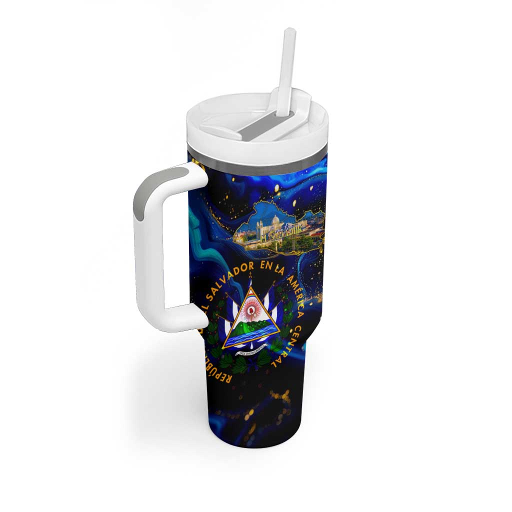 El Salvador Country Pride Tumbler With Handle Map Flag and National Emblem Art in Cosmic Blue - Wonder Print Shop