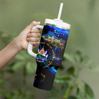El Salvador Country Pride Tumbler With Handle Map Flag and National Emblem Art in Cosmic Blue - Wonder Print Shop