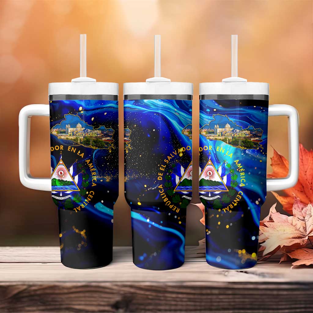El Salvador Country Pride Tumbler With Handle Map Flag and National Emblem Art in Cosmic Blue - Wonder Print Shop