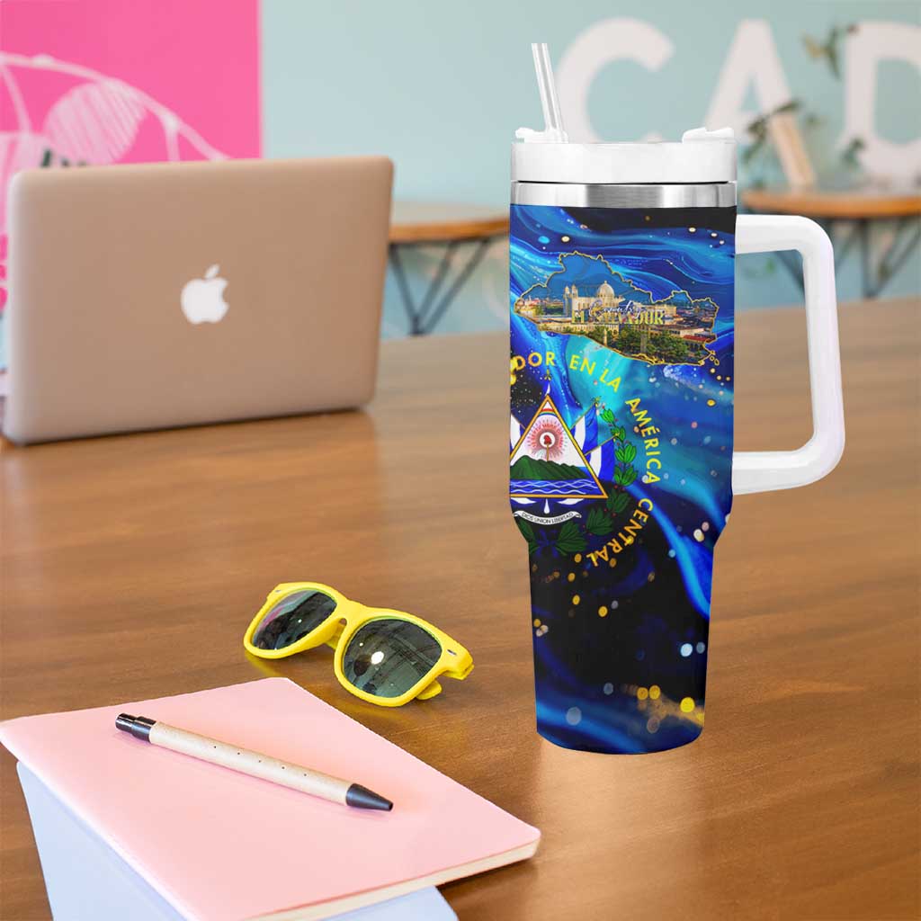 El Salvador Country Pride Tumbler With Handle Map Flag and National Emblem Art in Cosmic Blue - Wonder Print Shop