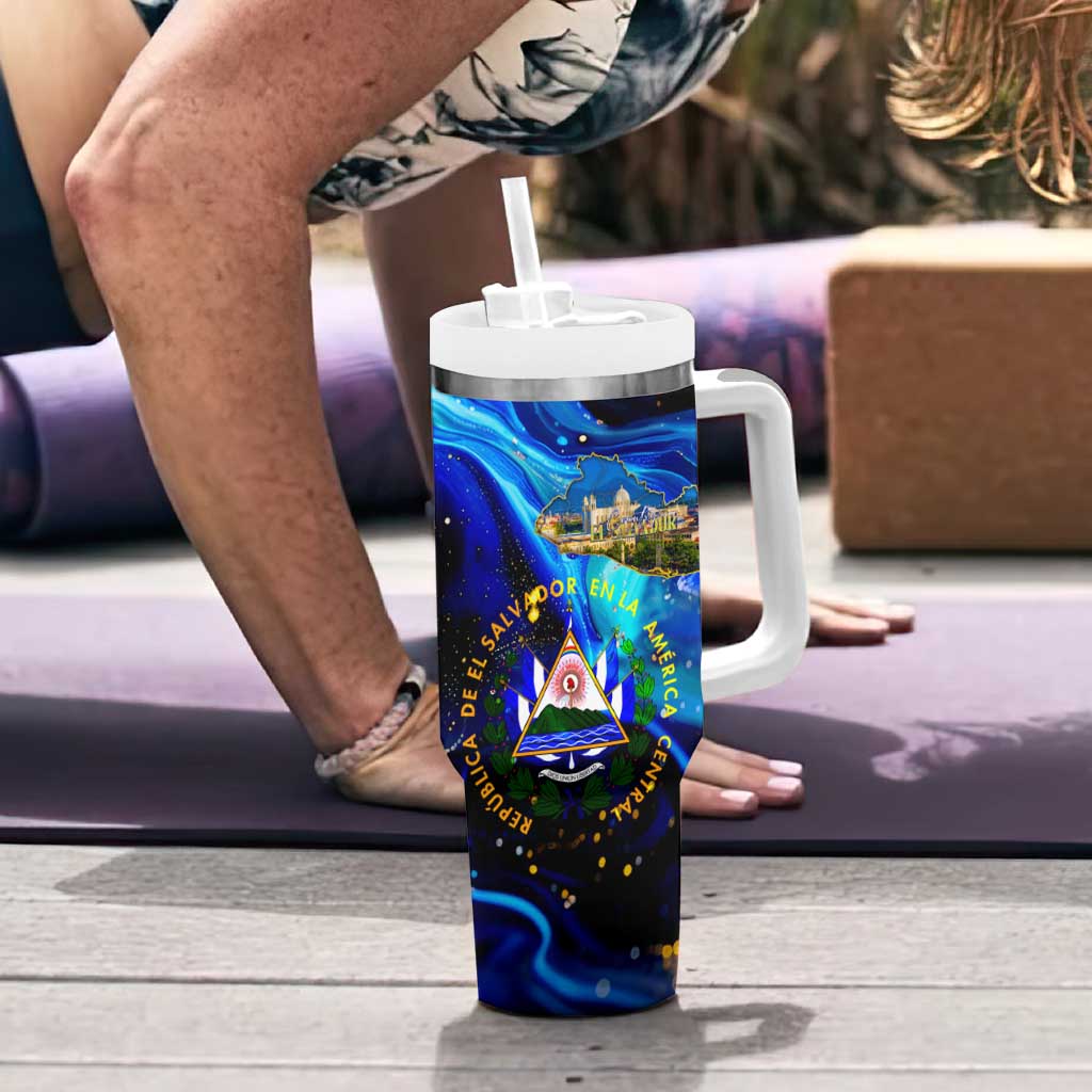 El Salvador Country Pride Tumbler With Handle Map Flag and National Emblem Art in Cosmic Blue - Wonder Print Shop
